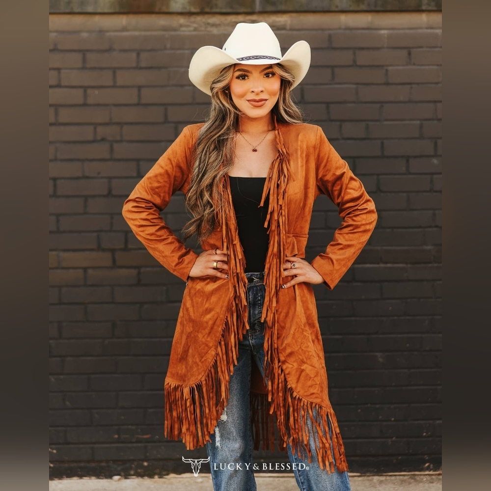 Lucky & Blessed Rust Suede Fringe Long Jacket
